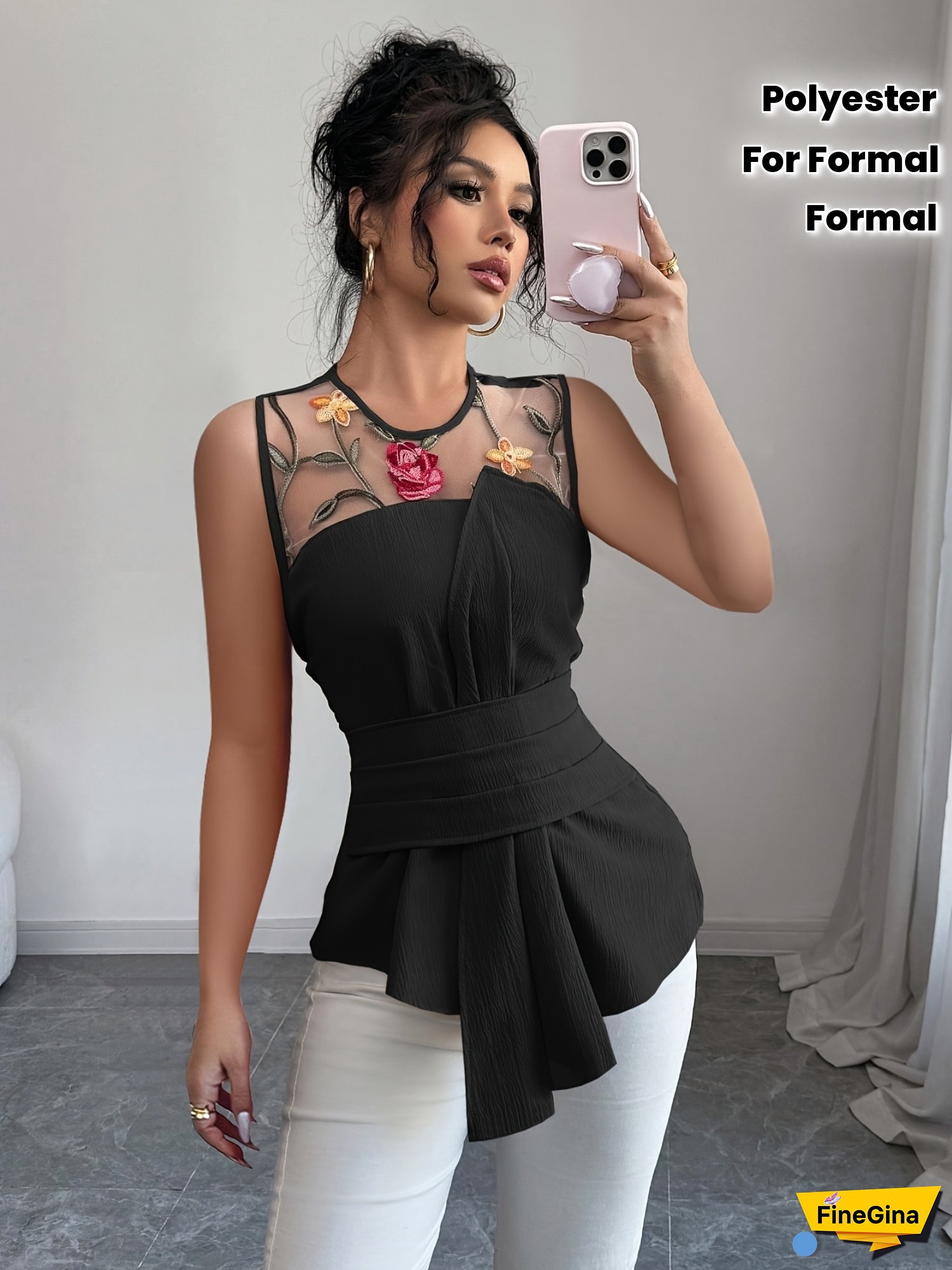 [Summer Elegant Blouse] Elegant Summer Blouse, Women's Round Neck | Lace Panel, Floral Embroidered Waist Tie, Machine-Washable, Non-Stretch Fabric, Smocked Detailing for Casual or Formal Wear