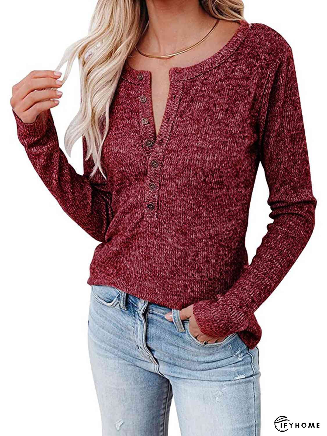 Round Neck Buttoned Long Sleeve T-Shirt | IFYHOME