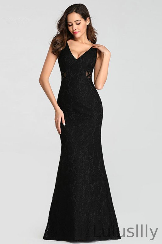 Chic V-Neck Black Lace Long Mermaid Evening Prom Dress Online - lulusllly
