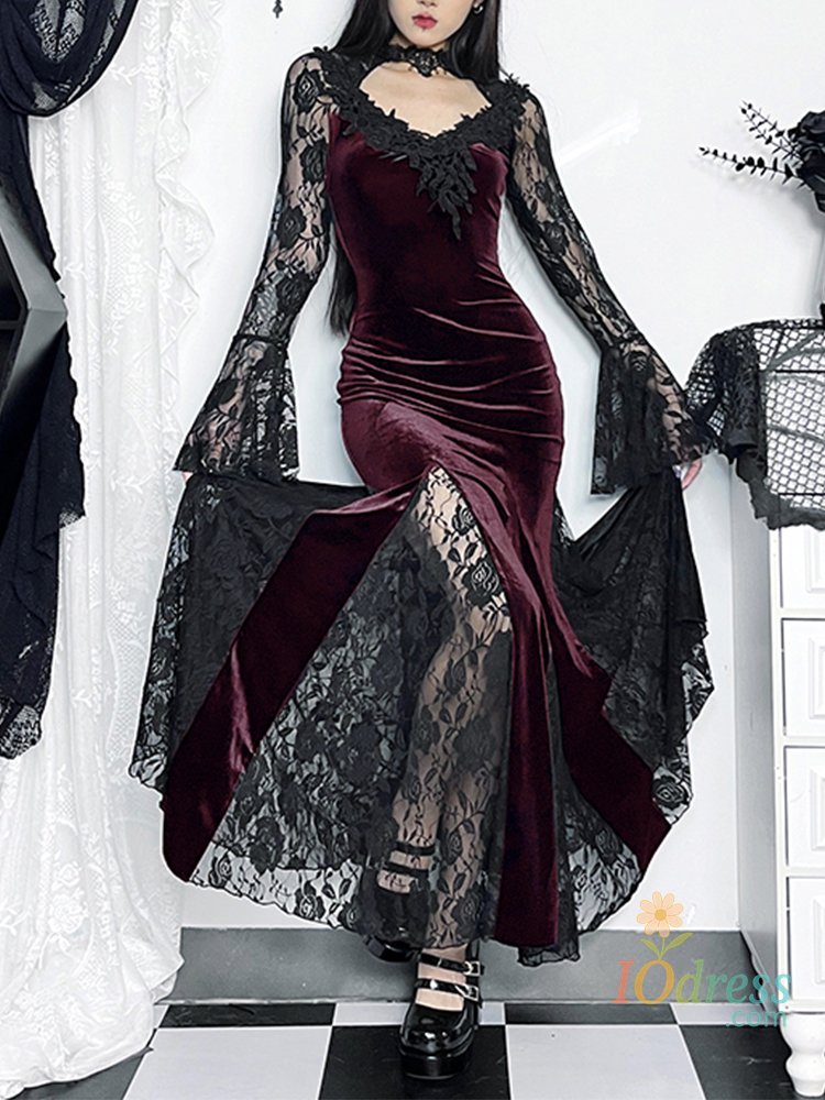 IO Dress AltGoth Aesthetic Gothic Midi Dress Women Vintage Elagnt Lace Patchwork See Through Flare Sleeve High Waist Clubwear Dress Femme IO Dress