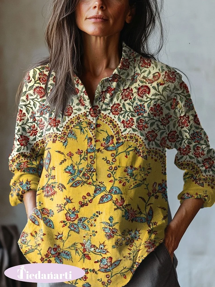 Women's Floral Art  Print Casual Cotton And Linen Shirt