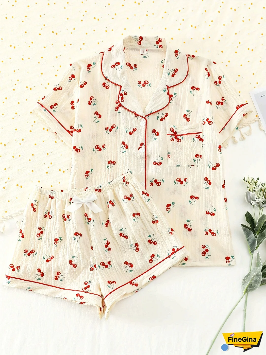 Bubble Chiffon Women's Summer Pajama Set With Sweet Cherry Print Short Sleeve Button-Up Top And Bow Shorts Home Wear