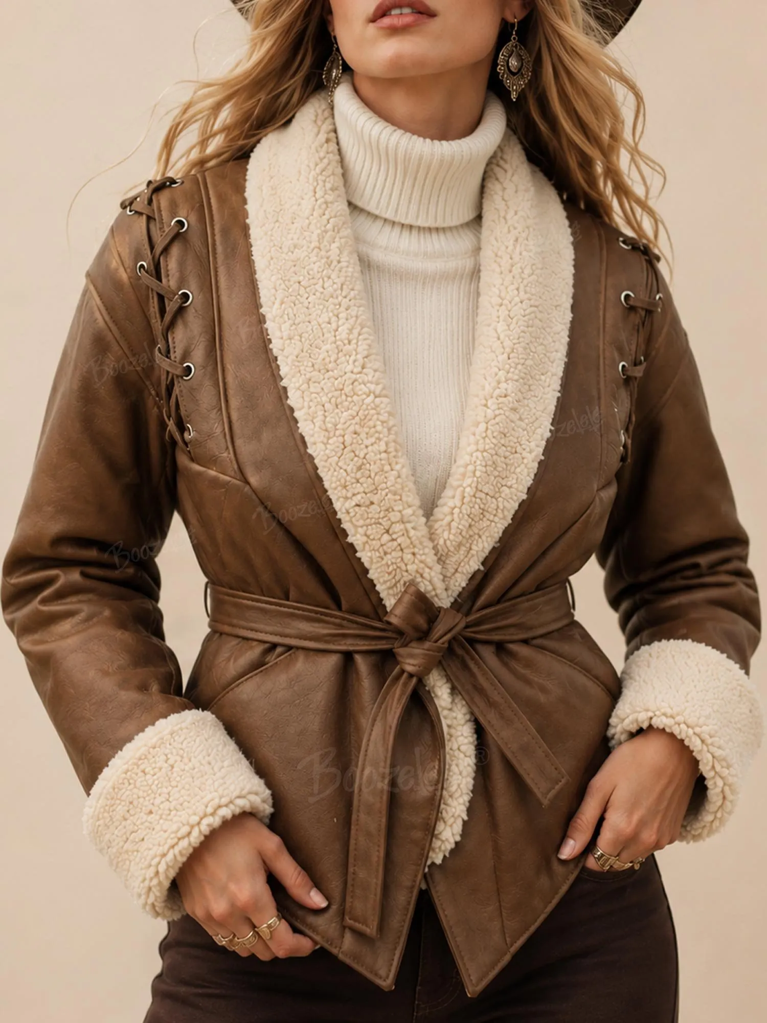 Perfect for Country Concert Outfits &mdash; Brown Lace-Up Shoulder Fleece Collar Faux Leather Women Jacket