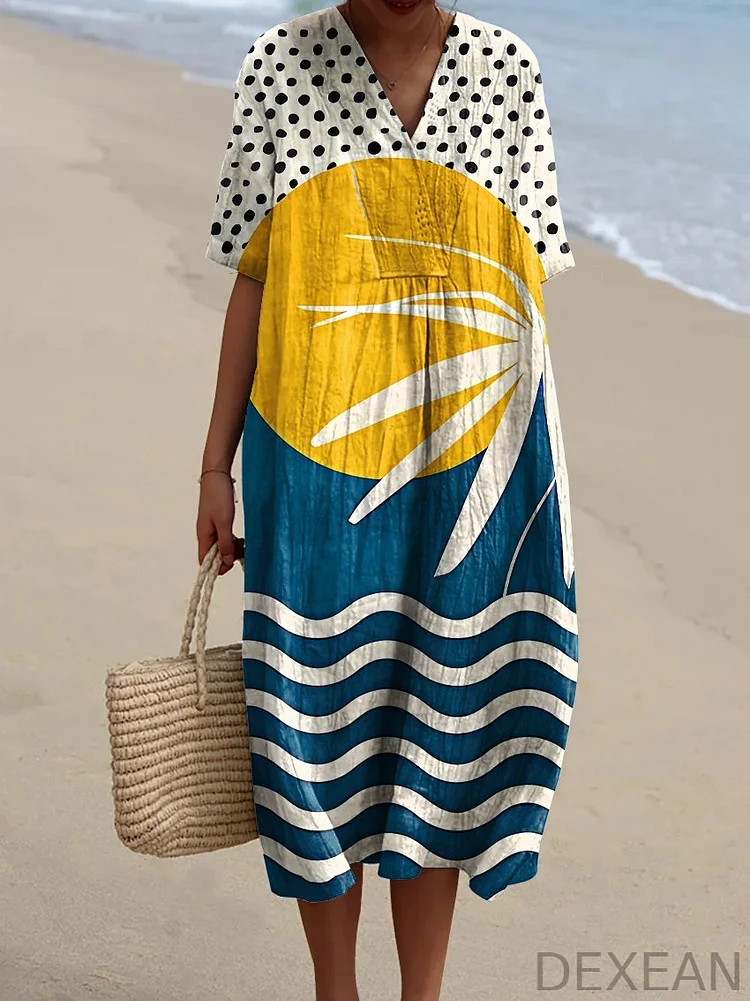Women's Geometry of The Sun Sea Watercolor Splash Fluid Art Print Flowy Dress