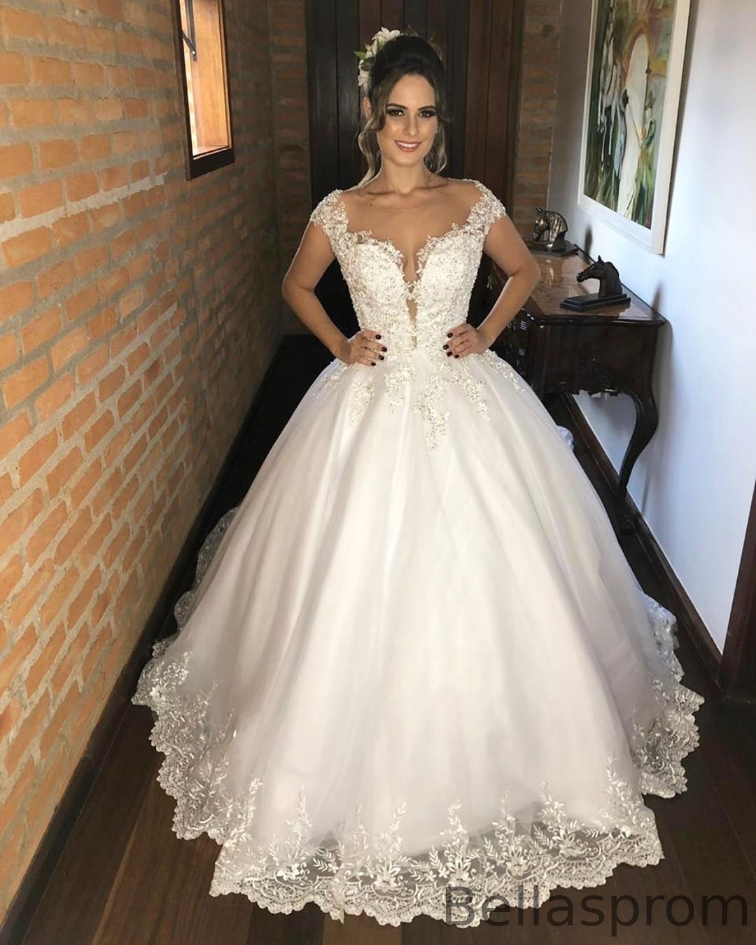 Bellasprom Modest Straps Lace Wedding Dress With Appliques V-Neck Bellasprom