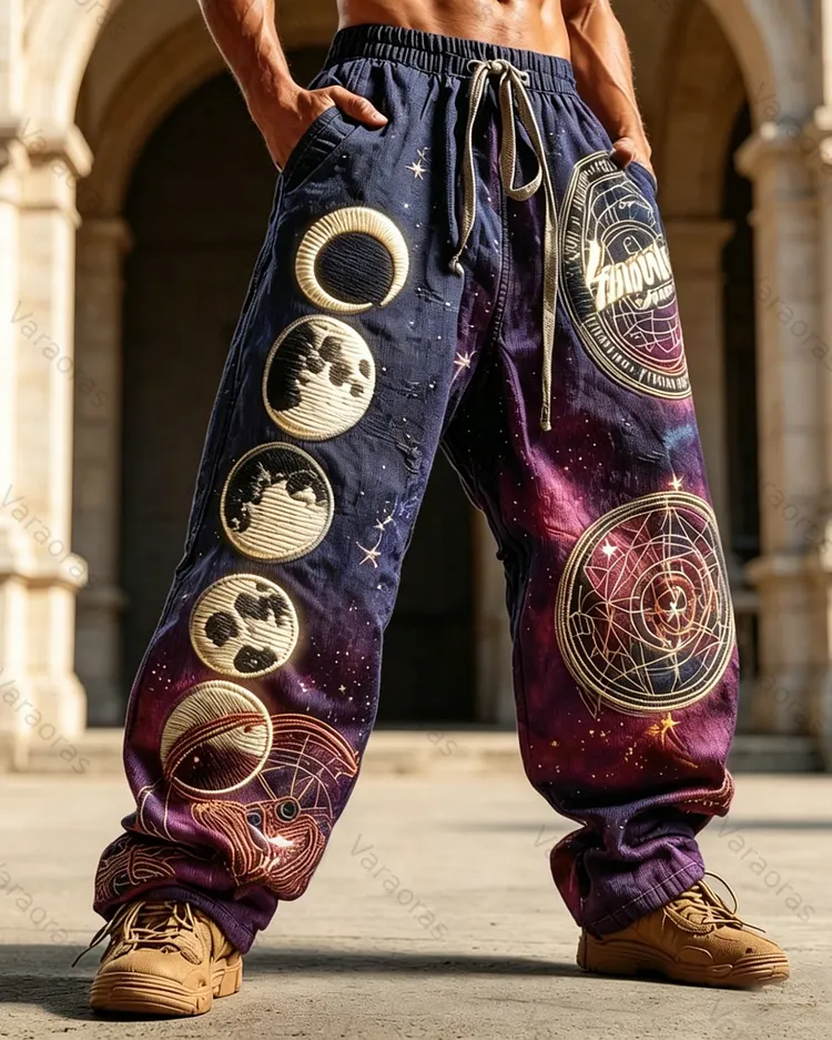 Men's Summer Fashion Star and Moon Print Embroidered Casual Linen Trousers 7747