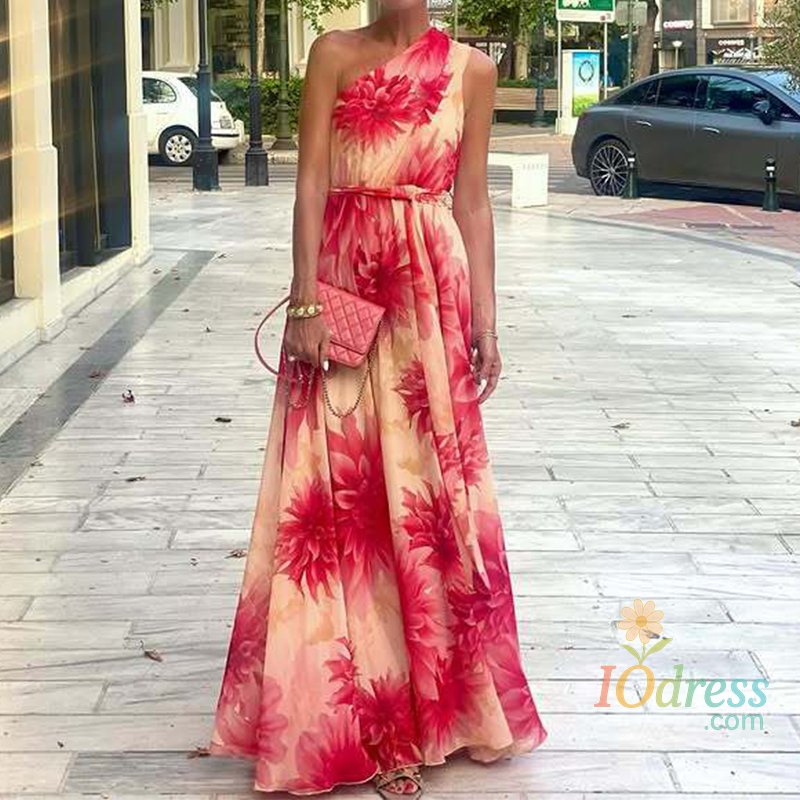 IO Dress Women Elegant Pattern Print Lace-Up Party Dress Casual Sleeveless Pleated Bohe Dress Sexy Slanting Shoulder Big Swing Long Dress IO Dress