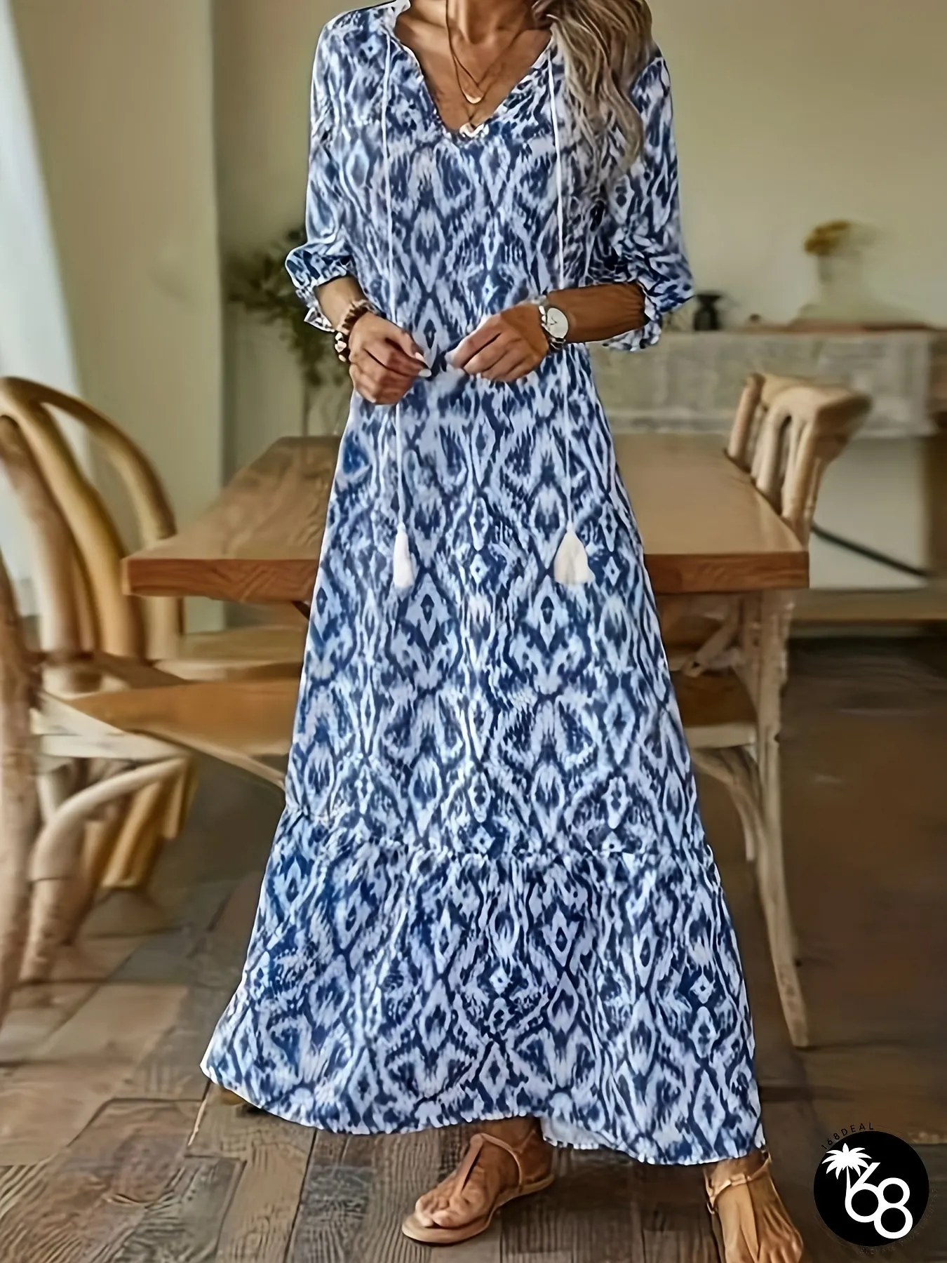 Bohemian Print Maxi Dress with Fringe Hem Long Sleeve A-Line Silhouette Blue White | 168DEAL