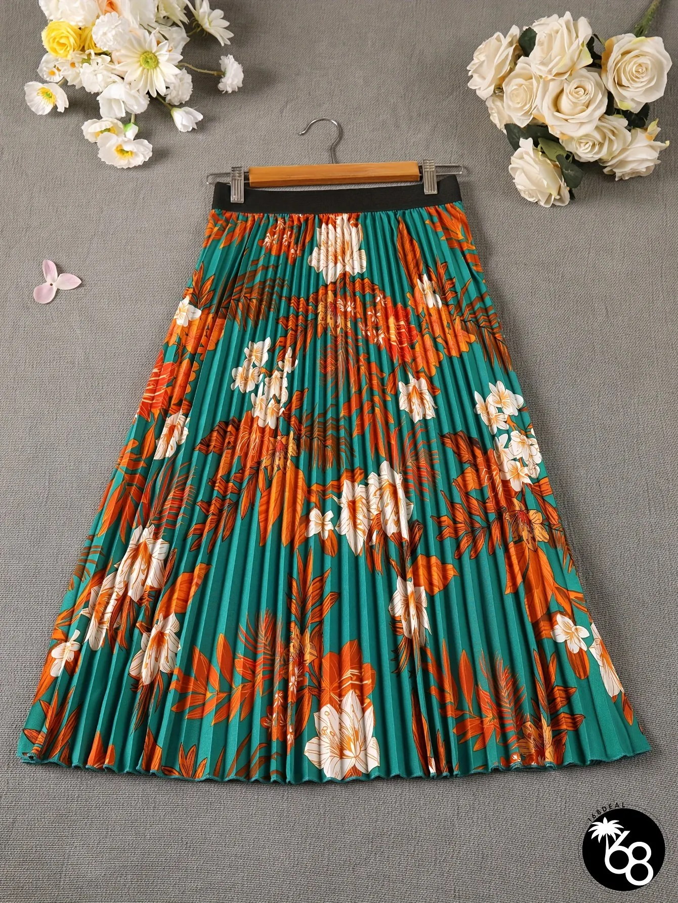 Womens Elegant Pleated Floral Print Skirt Teal Orange A-Line Mid-Length With Vertical | 168DEAL