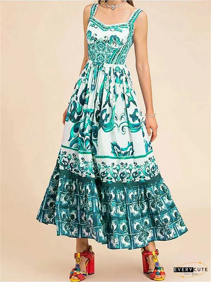 Women's New Bohemian Wind in The Middle of The Long Section of The Large Swing Printed Halter Dresses