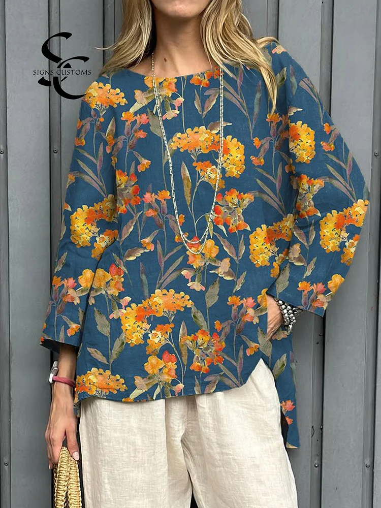 Women's  Vintage  Flower Art Print Casual  Cotton And Linen  Shirt