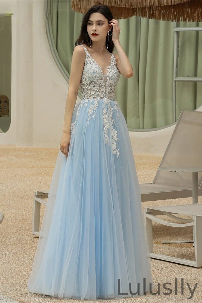 Luluslly Sky Blue V-Neck Prom Dress Tulle Long With Appliques