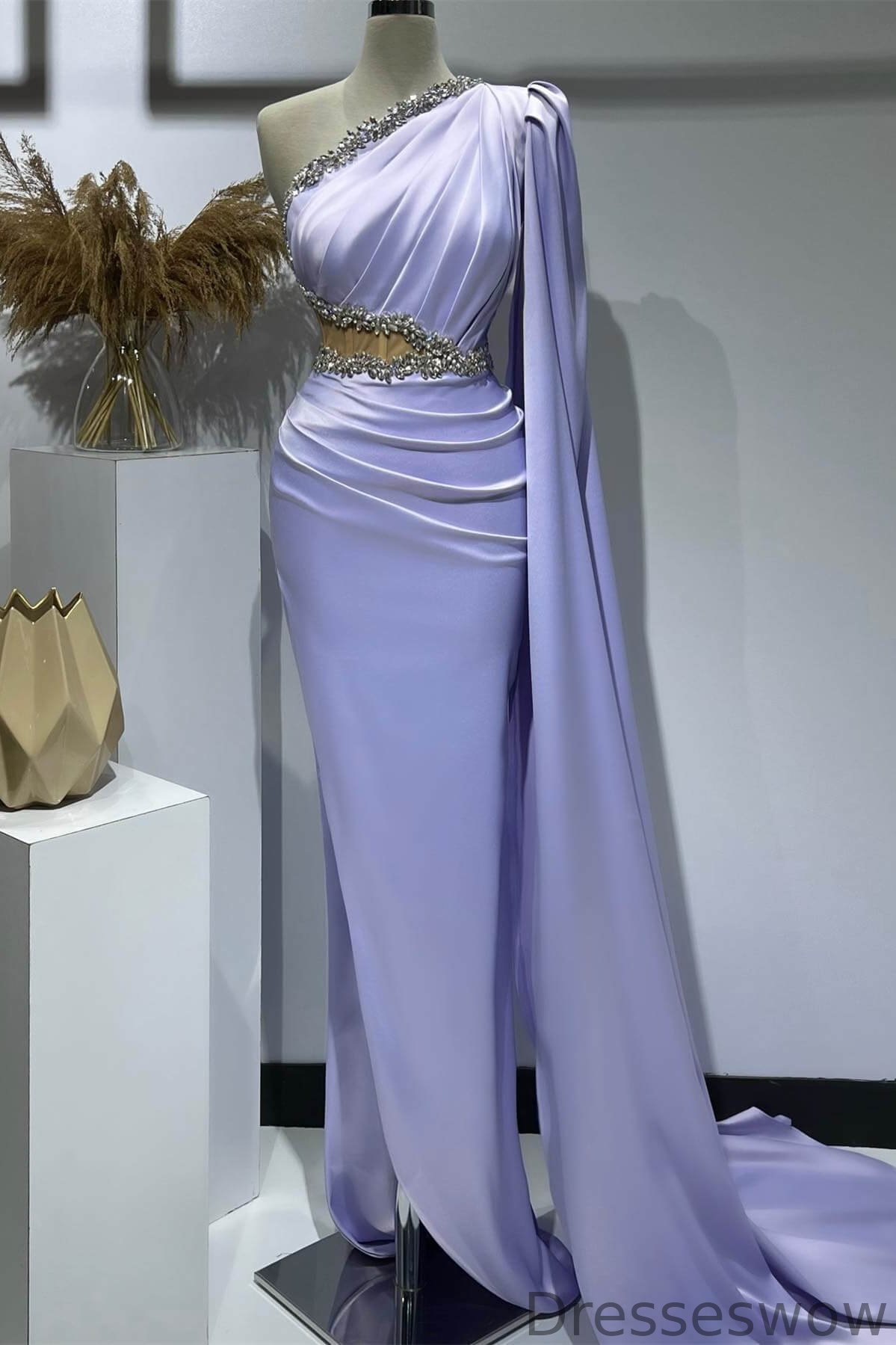 Dresseswow Lilac One Shoulder Ruffle Sleeve Mermaid Evening Dress With Split Crystals