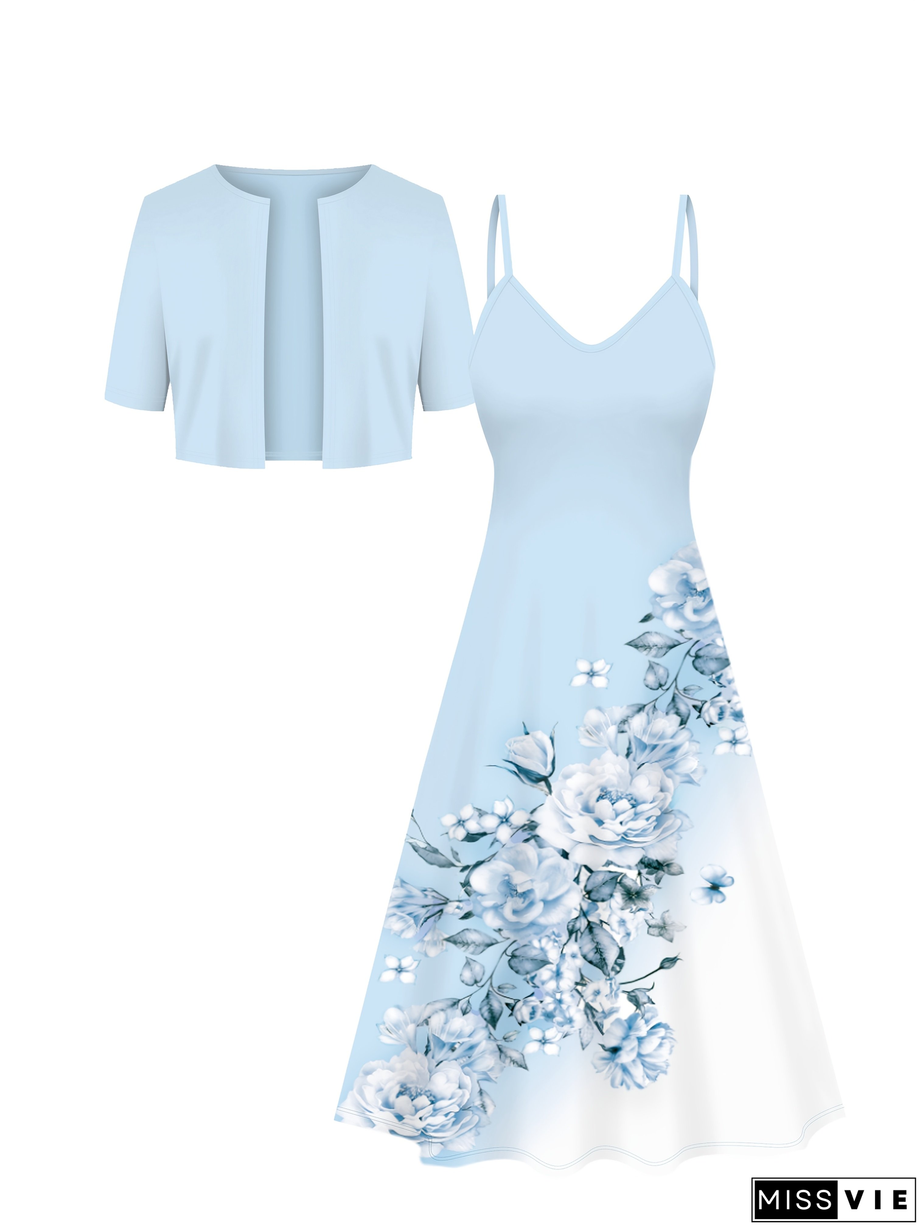 Two-Piece Ensemble Featuring a Stylish Cardigan Jacket And a Floral Print Dress with Suspenders.