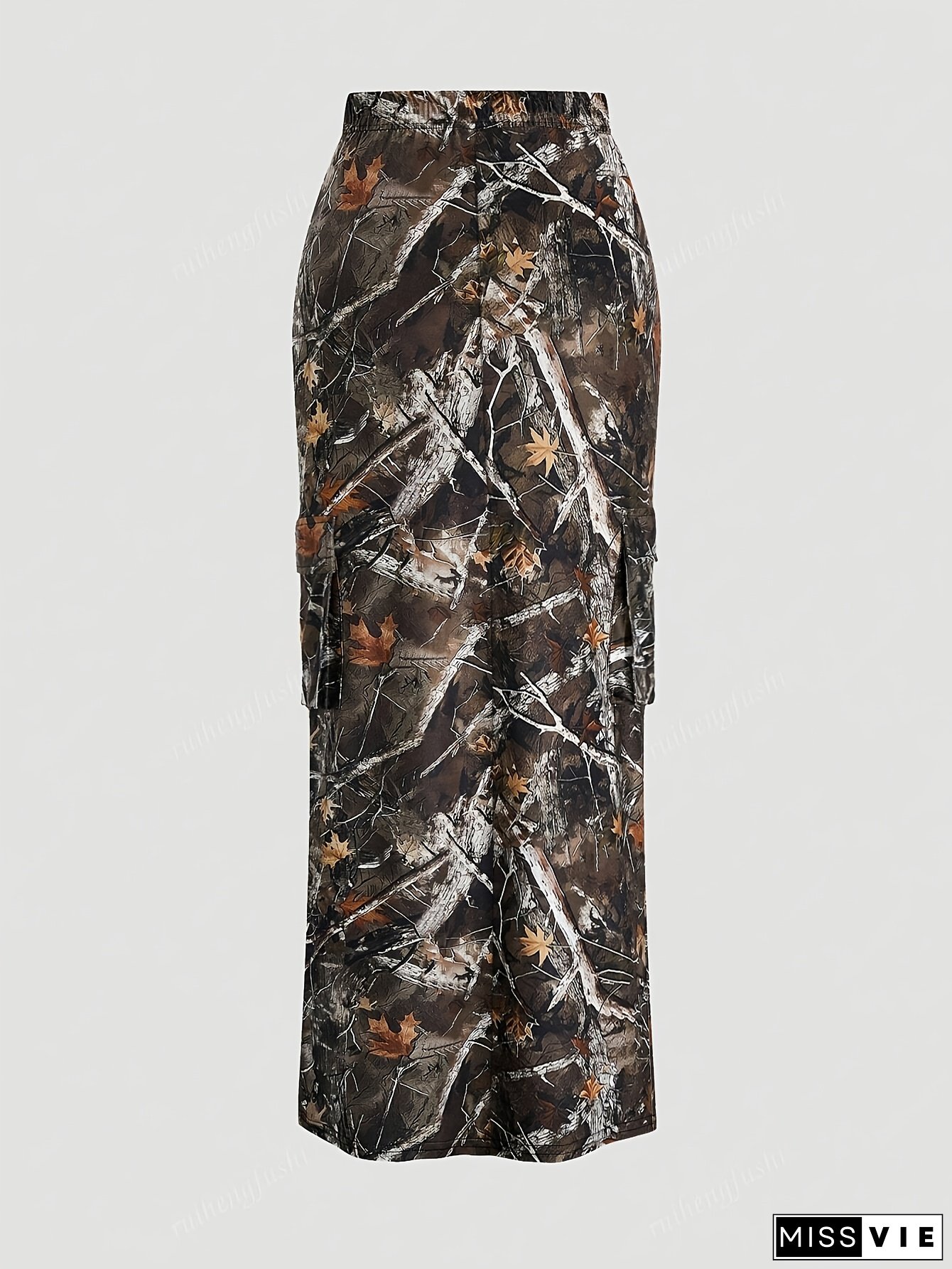 Women&lsquo;s Elegant Camouflage Print Polyester Skirt - Stretchy, Straight Fit with Pockets, All-Season Fashion, Casual Style, Casual Wear|Camouflage Skirt|Stretchy Fabric