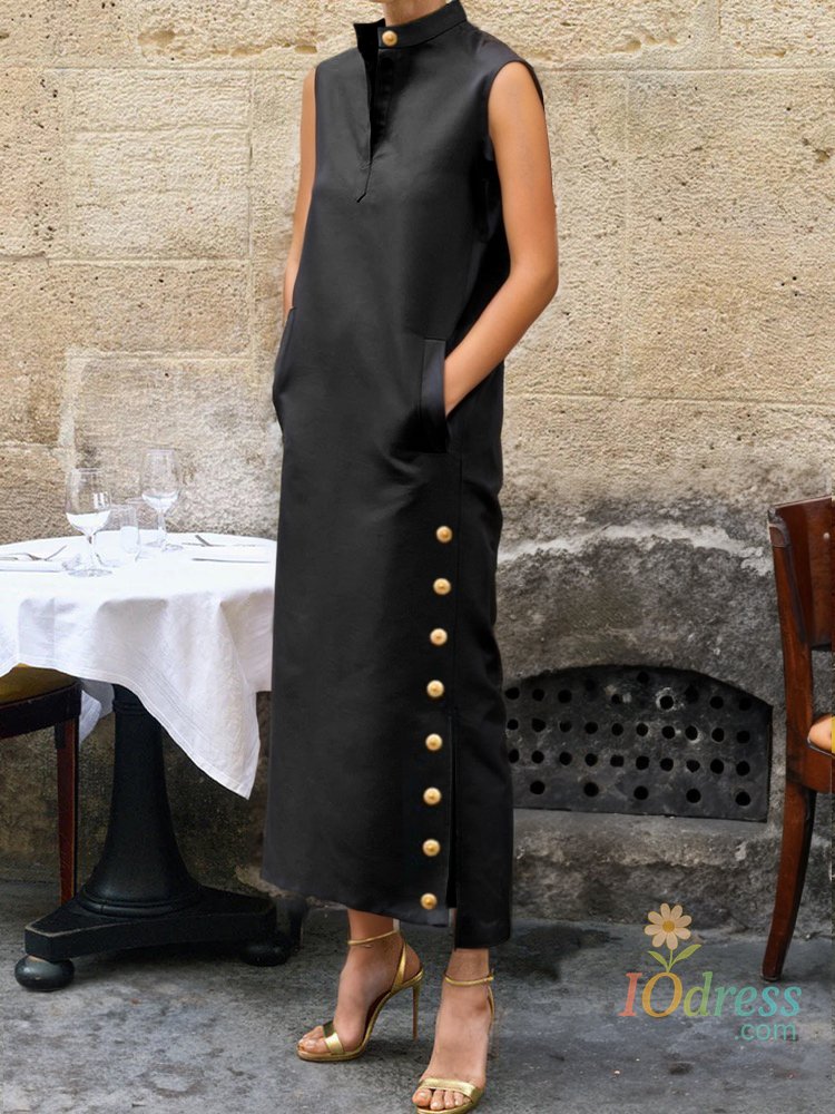 IO Dress Lemongor Office Lady Fashion Buttoned Split-Side Stand Collar Casual Dress 2025 New Summer Sleeveless Loose H-Line Maxi Dresses IO Dress