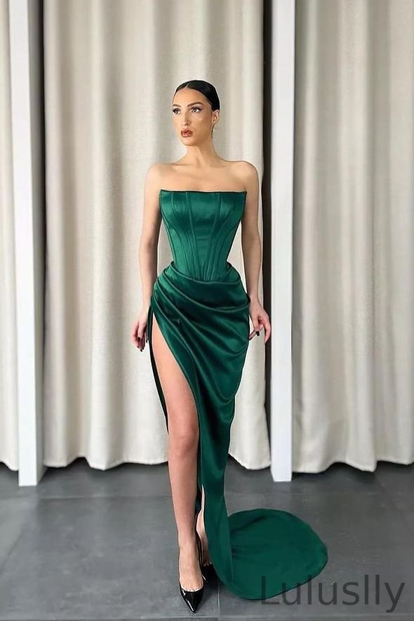 Luluslly Dark green Strapless Mermaid Prom Dress Long With Slit