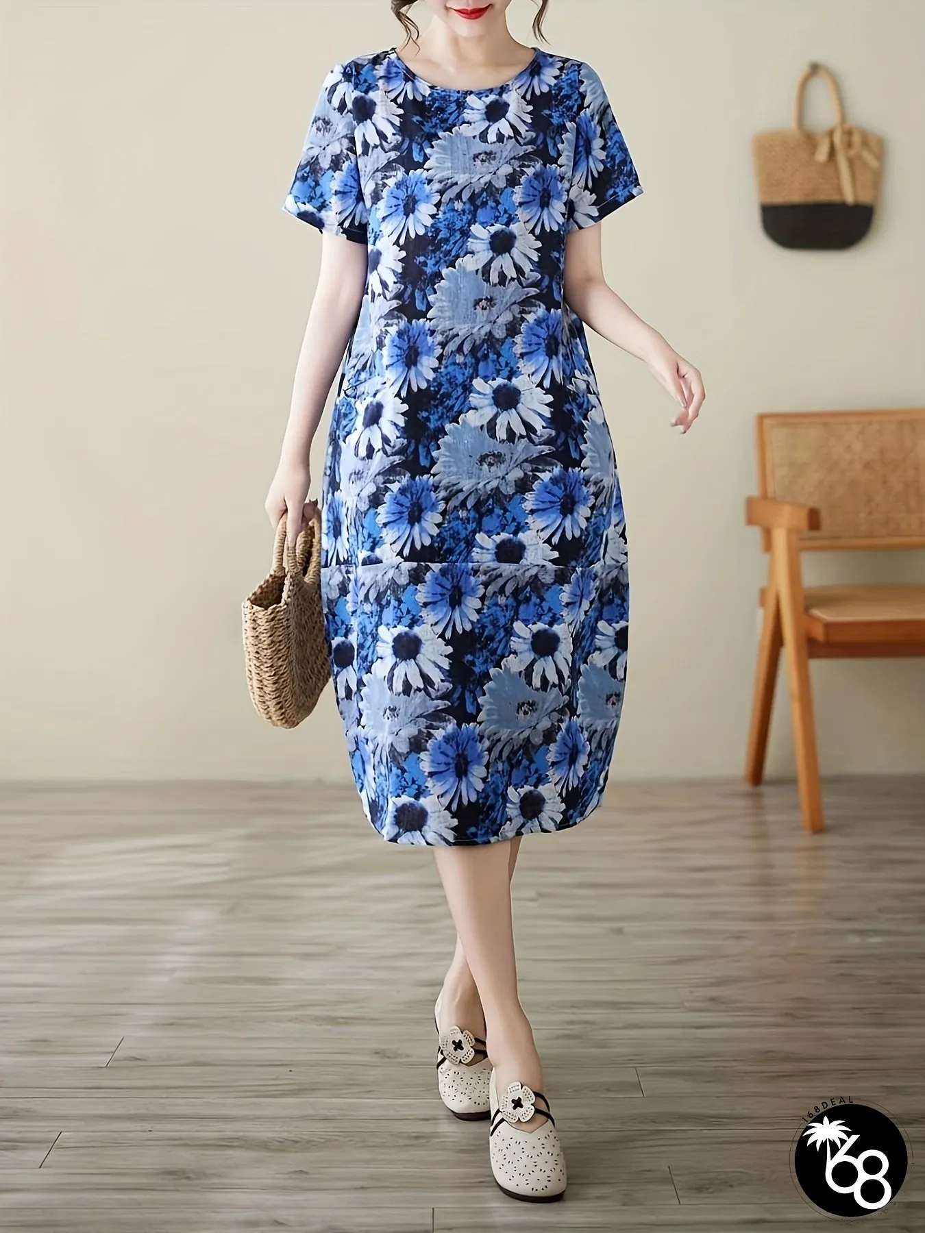 Womens Elegant Floral Print Linen Midi Dress With Pockets Casual Summer Short Sleeve Crew | 168DEAL