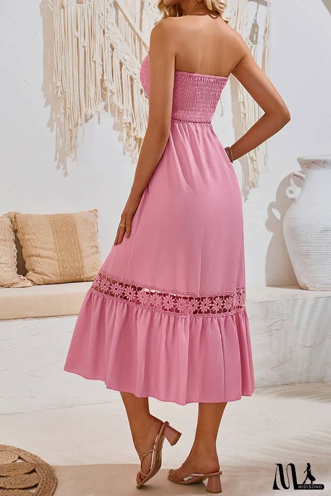 Spring Plain Strapless Smocked Buttoned Maxi Dress SN355