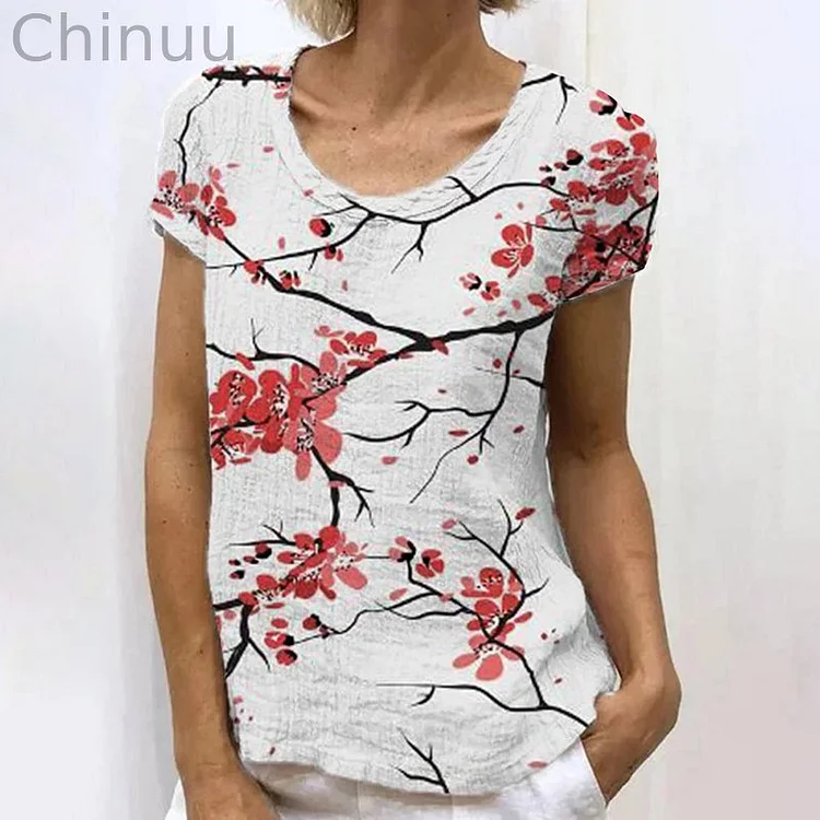 Japanese Retro Plum Blossom Art Linen Casual T-Shirt