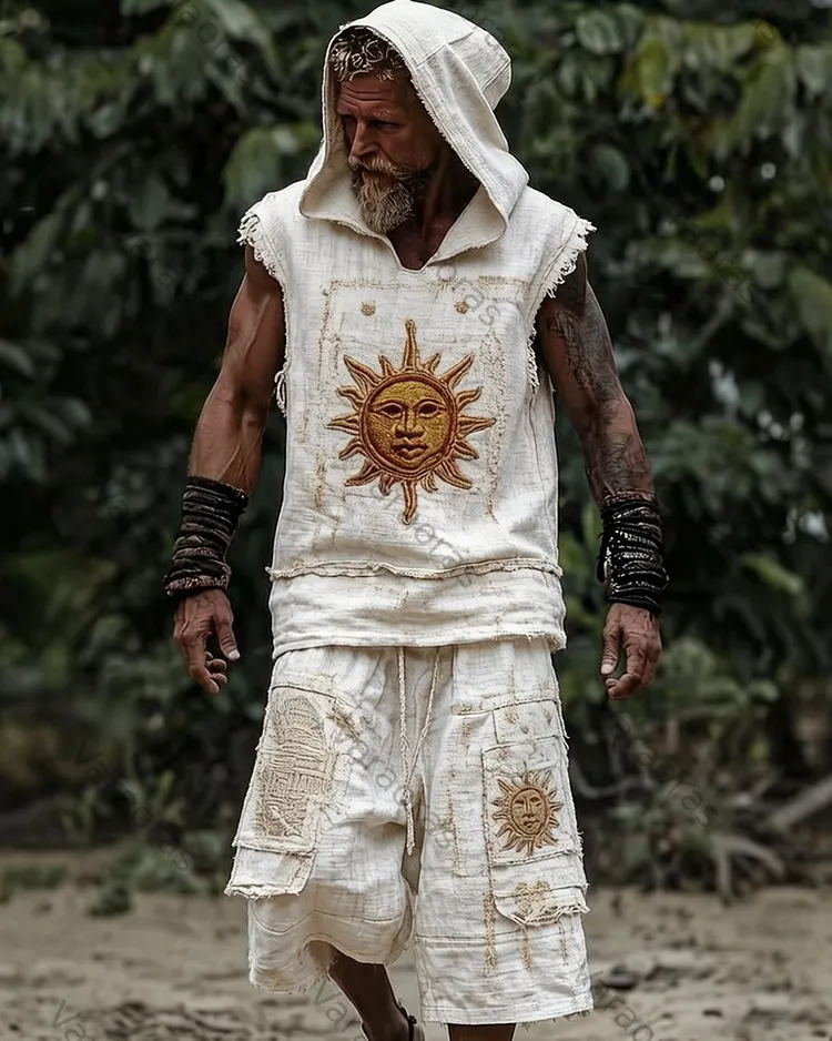 Men's Summer Fashion Color-Blocked Star and Moon Embroidered Top and Pants Set 5668