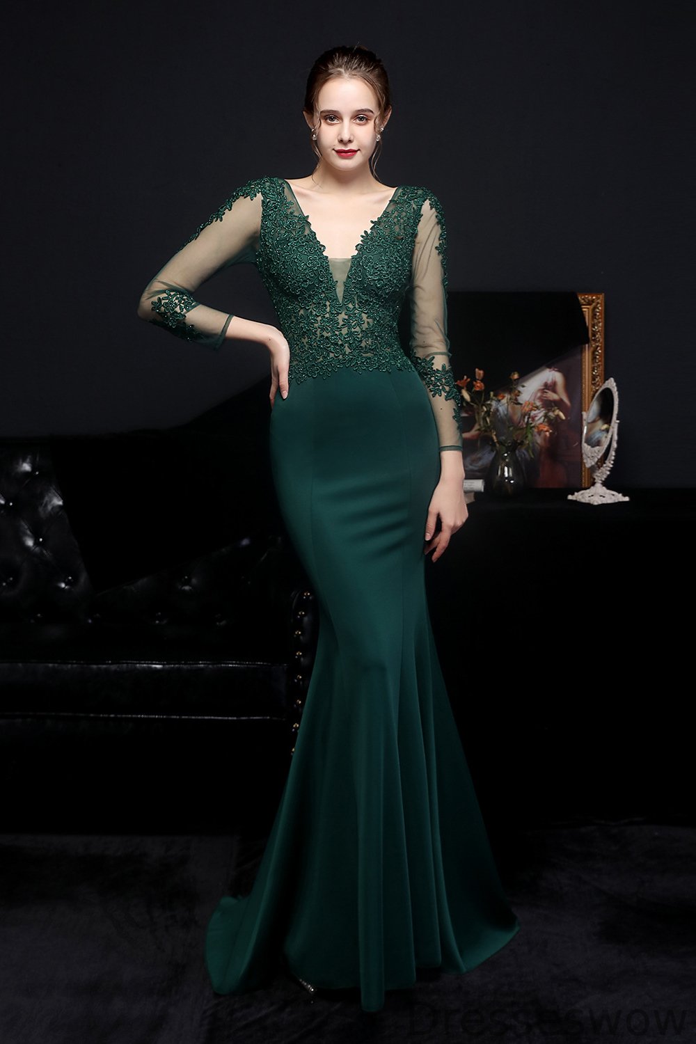 Dresseswow Long Sleeves Mermaid Evening Dress V-Neck With Lace Appliques YE0036