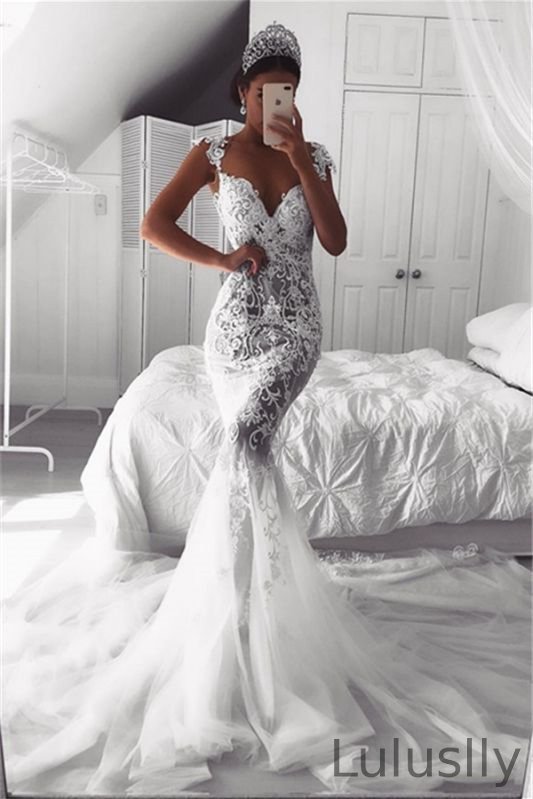 Luluslly Cap Sleeves Mermaid Wedding Dress Lace Appliques With Zipper Button Back