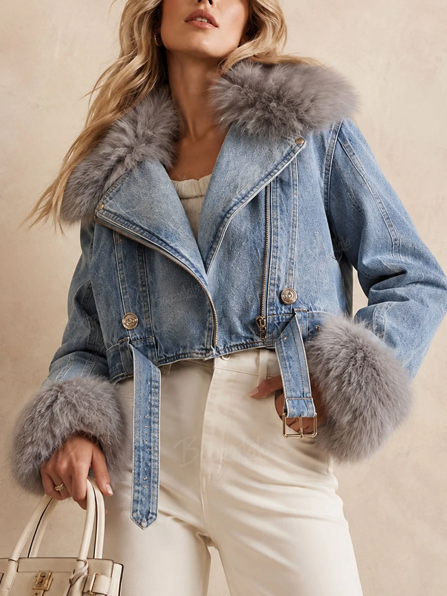 Ideal for an Outdoor Autumn Ranch Retreat &mdash; Washed Light Blue Plush Trim Cropped Cotton Denim Jacket for Women