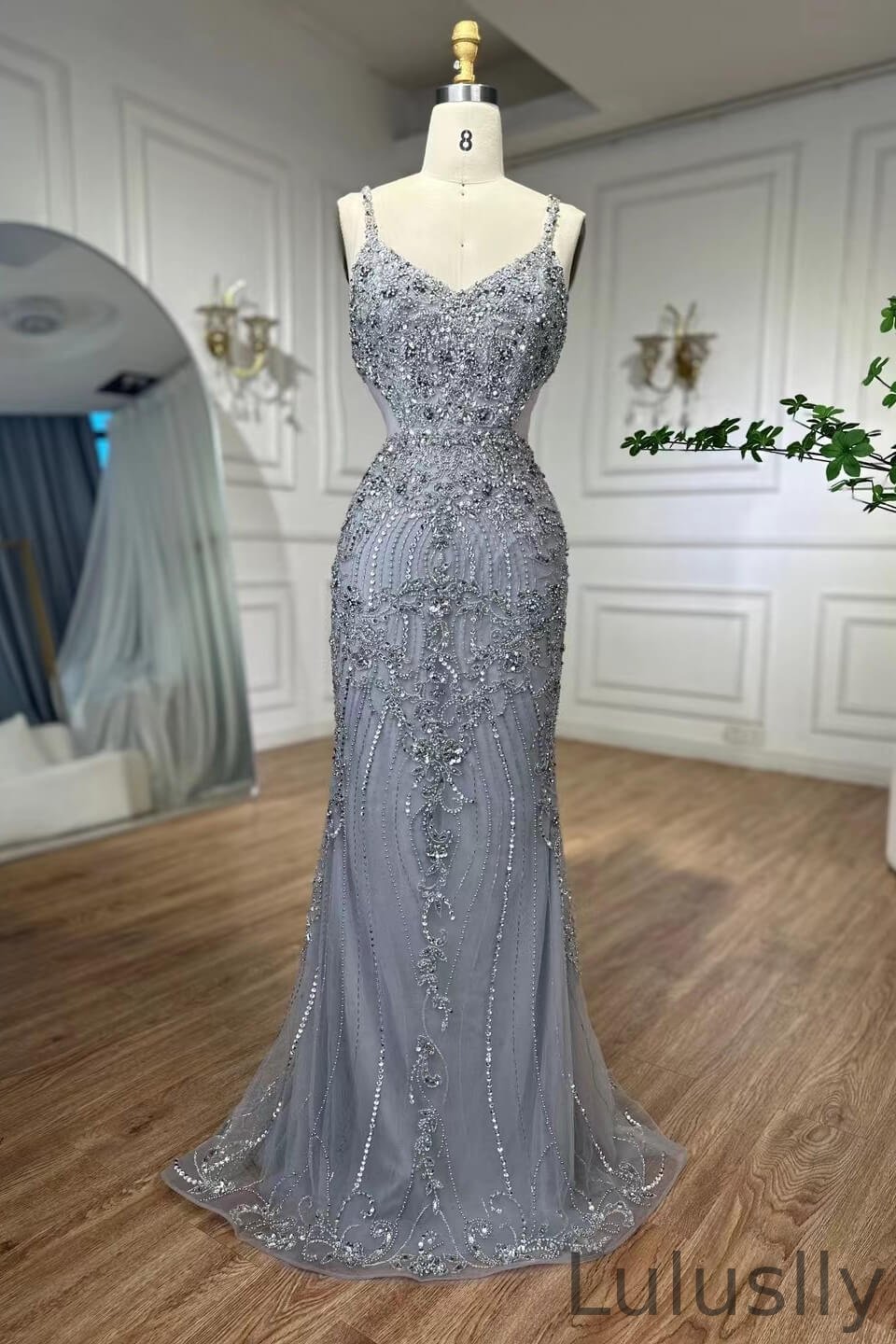 Luluslly Silver Sleeveless Mermaid Evening Dress With Beadings Crystals Spaghetti-Straps