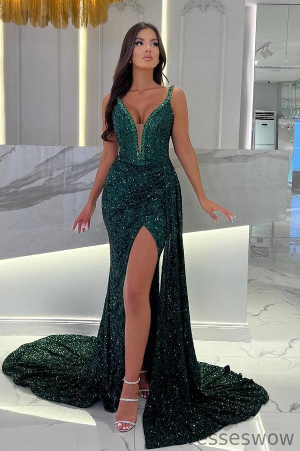Dresseswow Emerald Green Sleeveless Mermaid Party Prom Dresses With Split Sequins