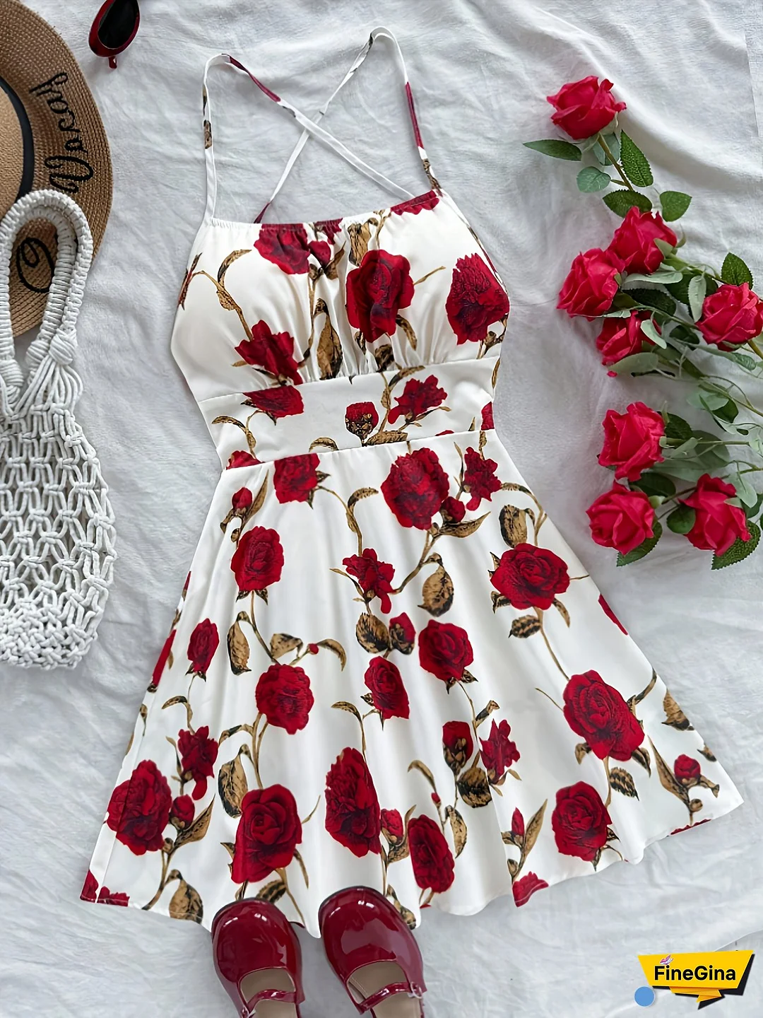 Women's Sexy Summer Floral Print Backless Halter Neck Dress With Crisscross Front, Adjustable Waist Tie & Spaghetti Straps - Red Roses On White, Machine Washable For Beach, Garden Parties, Casual Outings, Casual Summer Dresses, Quality Fabric Gown