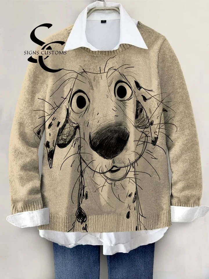 Hand-Painted Knit Pullover Sweater Featuring Adorable Dogs