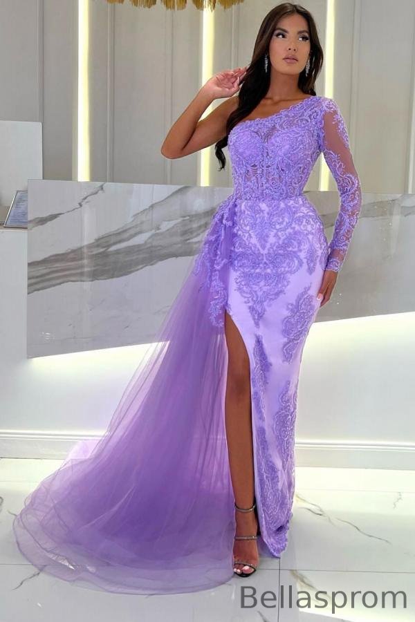 Bellasprom Lilac One Shoulder Long Sleeve Mermaid Prom Dress Lace Appliques With Split Ruffles Bellasprom