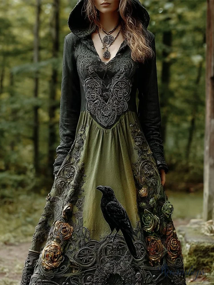 Halloween Crow & Vintage Rose Dark Art Women's Long-sleeve Hooded Maxi Dress