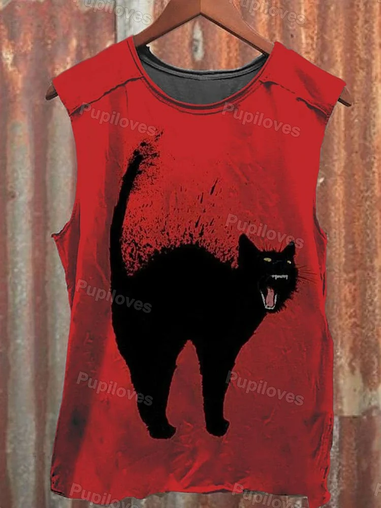 Pupiloves Pupiloves Unisex Vintage Red Black Cat Print Casual Tank Top