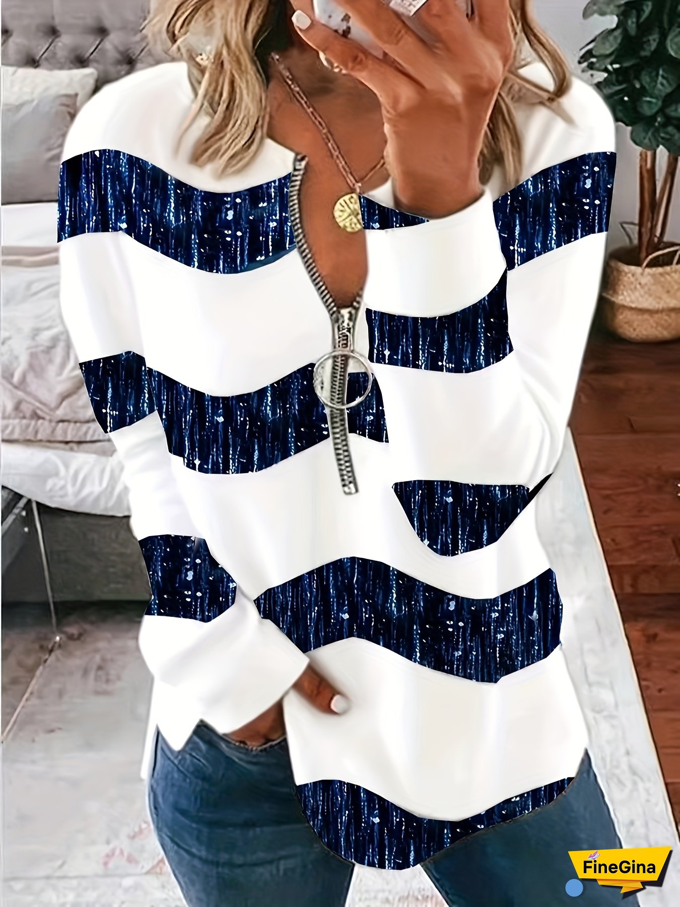 Women&lsquo;s Elegant Geometric Stripe Zip-Up Hoodie - Long Sleeve, White with Navy Blue Accents, Casual Crew Neck, Loose Fit for Spring & Fall, Autumn Casual Top | Geometric Stripe Design | Construction