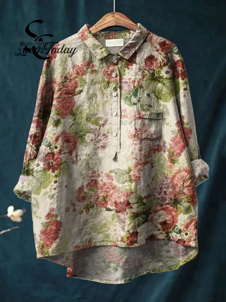 Women's Vintage Floral Art Print Casual Cotton And Linen Shirt