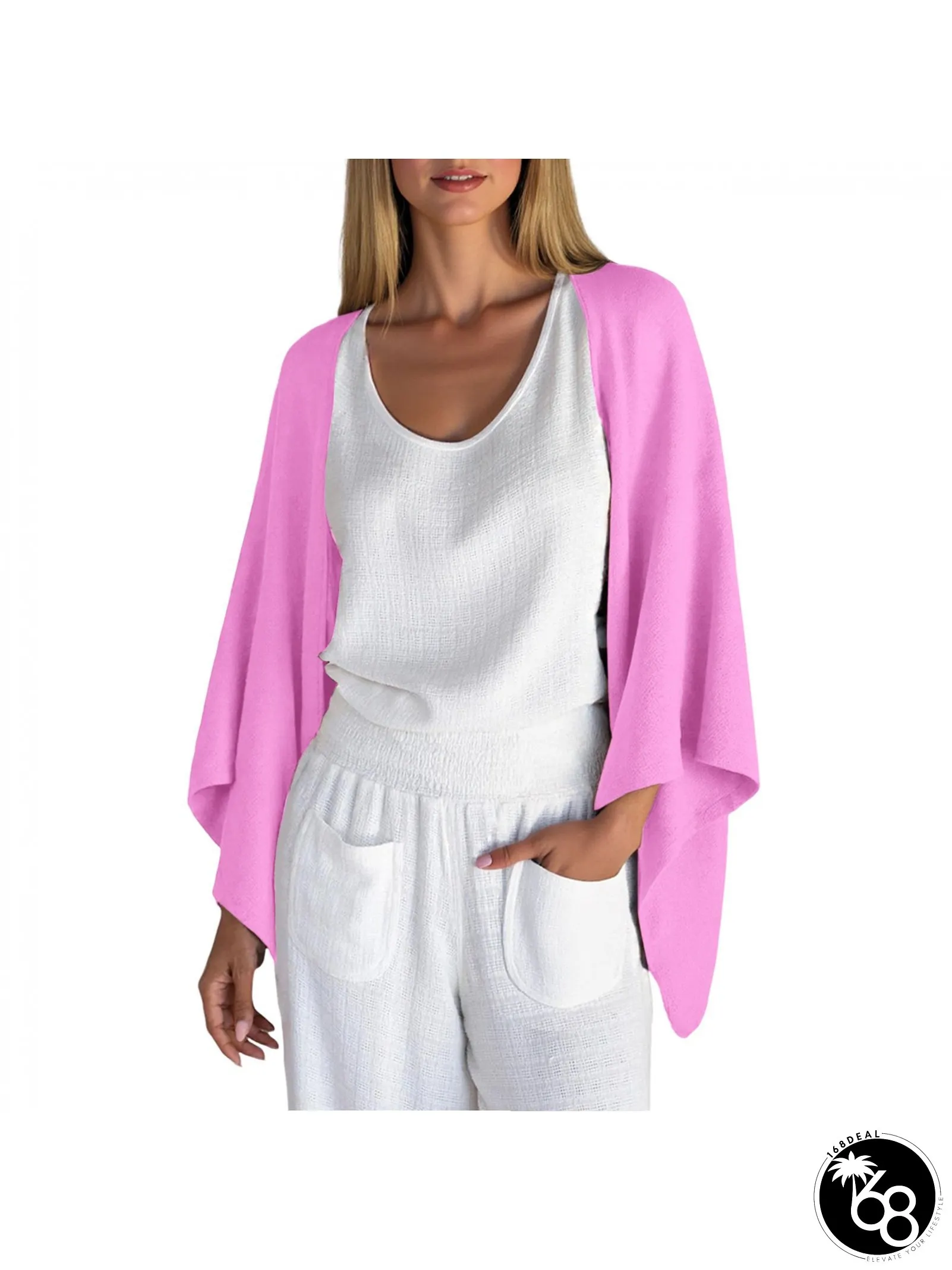 Womens Lightweight Kimono Cardigan Open Front Sweater Three-Quarter Sleeve Loose Cover-Up | 168DEAL