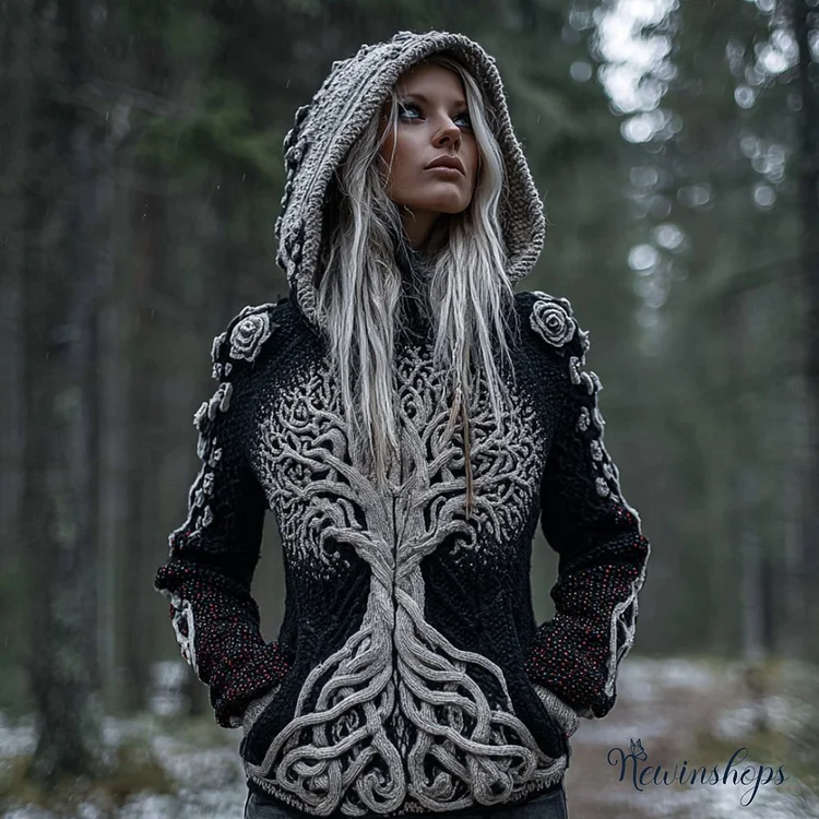 Women's Viking Style Tree Of Life Black And White Warm Hooded Sweater