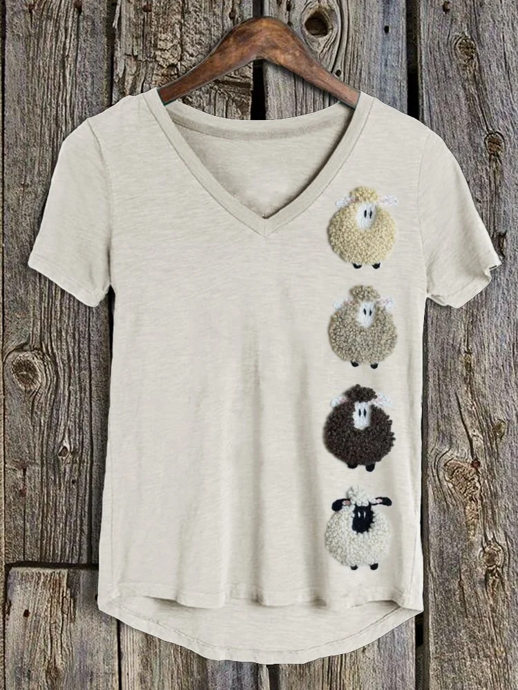 Colorful Sheep Fleece Vintage V Neck T Shirt