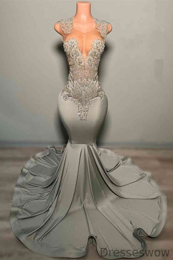 Dresseswow Silver Scoop Sleeveless Prom Dresses Mermaid Long With Beadings Online