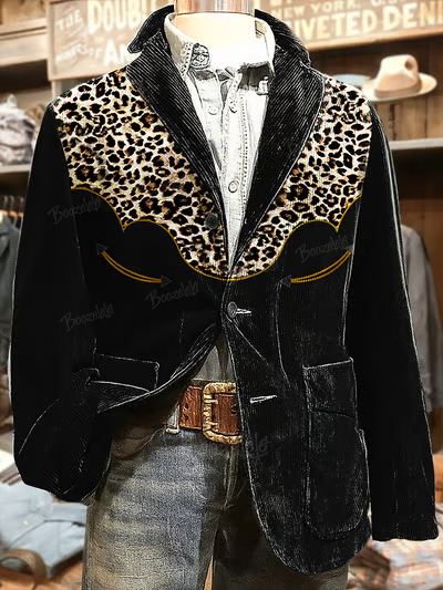 Men's Western Casual Retro Leopard Print Corduroy Jacket