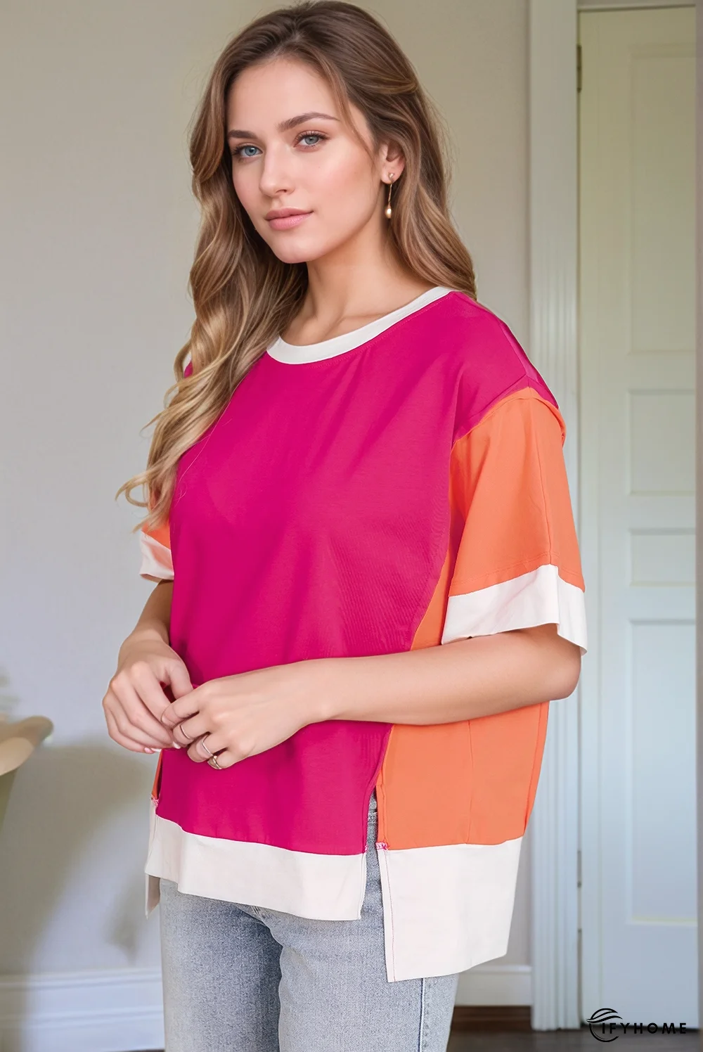 Color Block Patchwork Side Slits Loose Fit T Shirt | IFYHOME