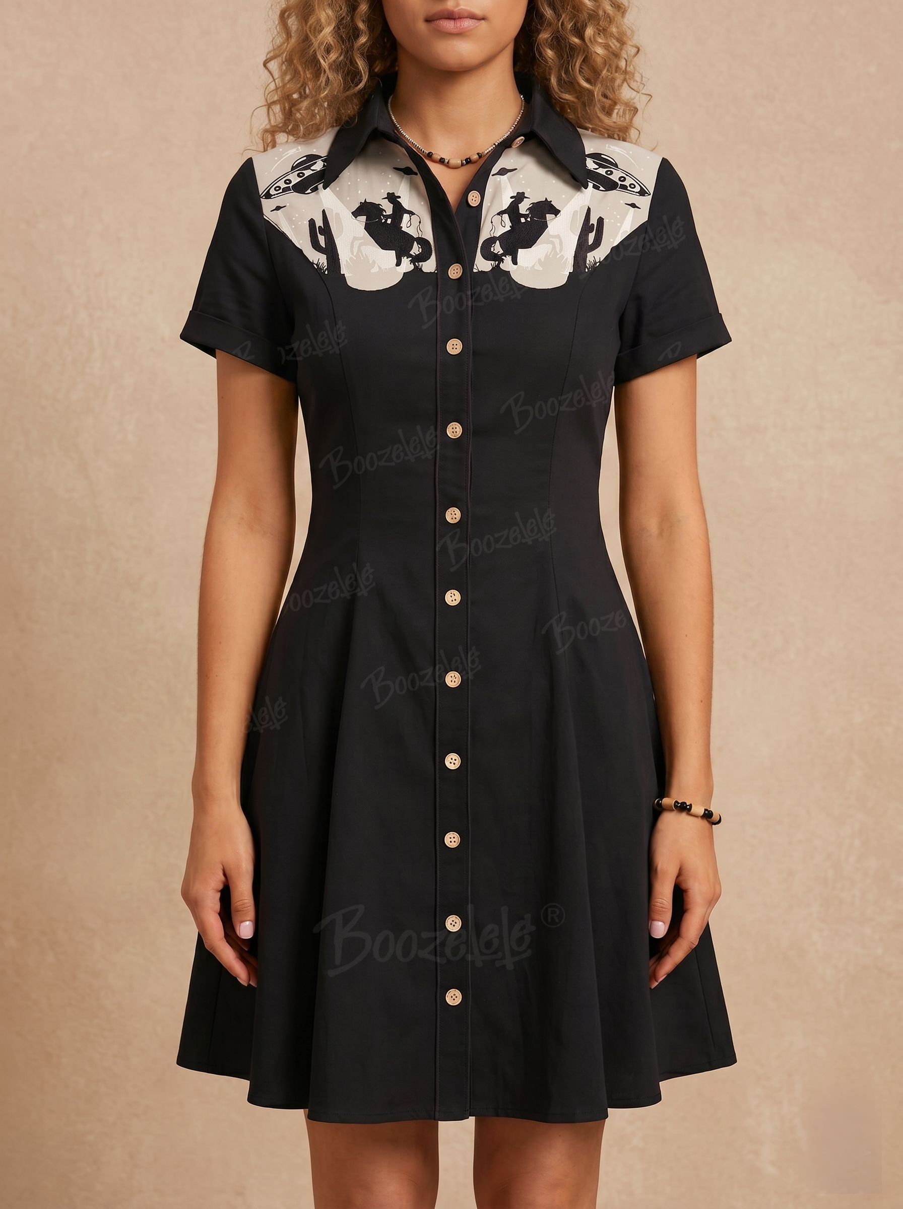 Western Retro Spaceship Cowboy Cactus - 100% Cotton Dress