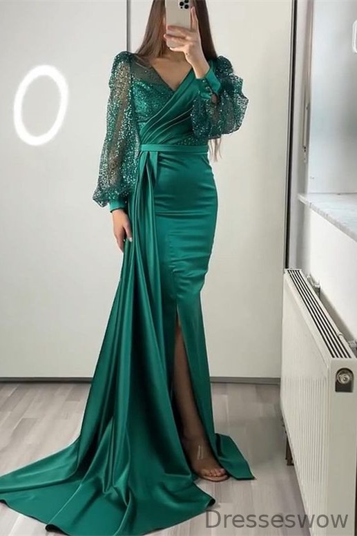 Dresseswow Long Sleeves V-Neck  Mermaid Evening Dress Long With Ruffles Sequins