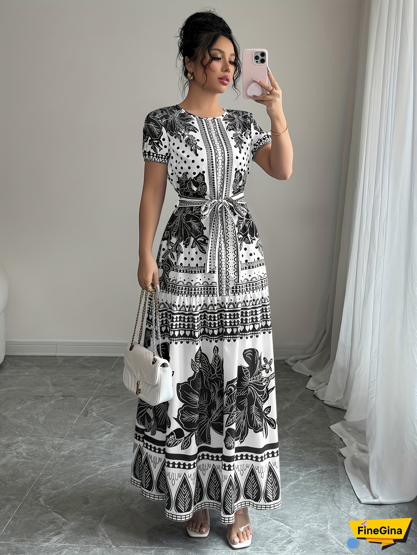 [Floral Dress] Floral Print Temperament Women's Middle Eastern Dress | Round Neck Tie-Waist Fashion