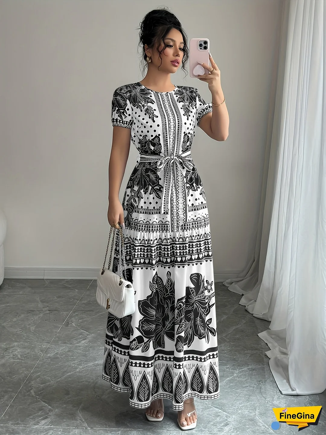 [Floral Dress] Floral Print Temperament Women's Middle Eastern Dress | Round Neck Tie-Waist Fashion
