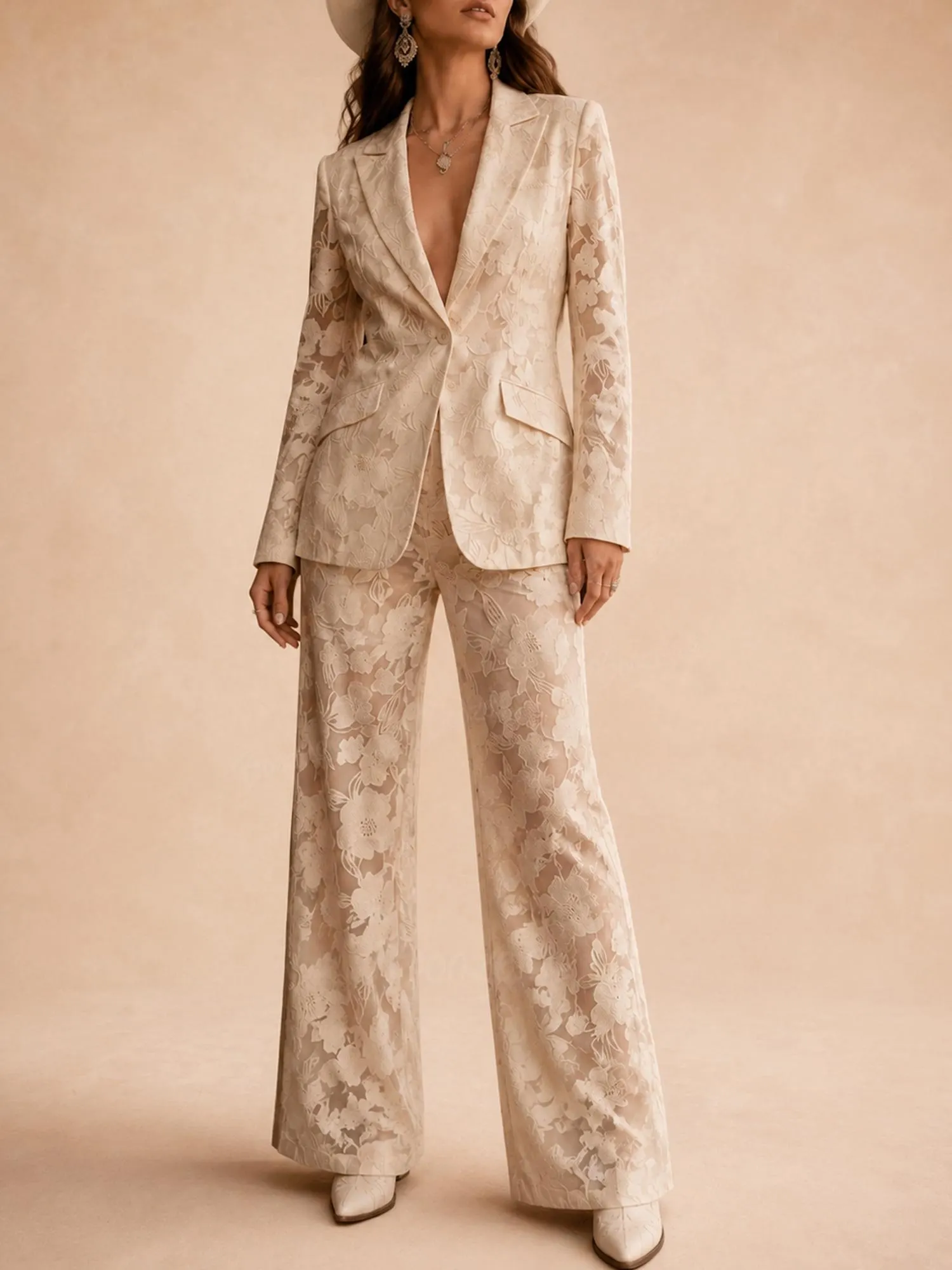 High-End Western Wedding Guest &mdash; Ivory White Elegant Floral Guipure Lace Tailored Blazer and High-Waisted Wide-Leg Pants Two-Piece Suit Set