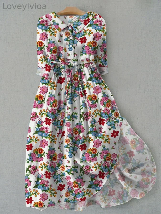 Women's Vintage Floral Design Printed Lace-Up Dress
