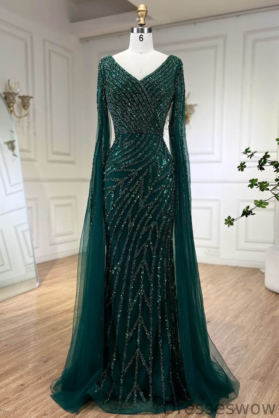 Dresseswow V-Neck Ruffle Sleeves Mermaid Evening Gown With Sequins Beadings Online